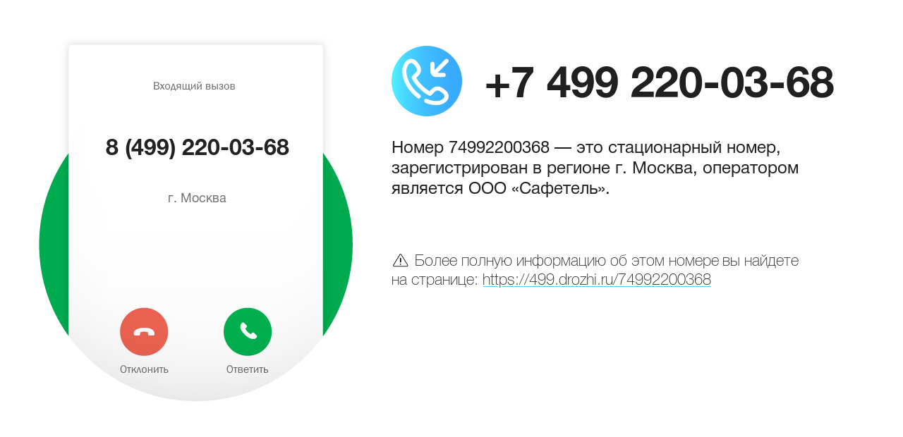 Номер телефона 8 (499) 220-03-68