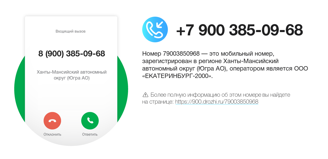 Номер телефона 8 (900) 385-09-68