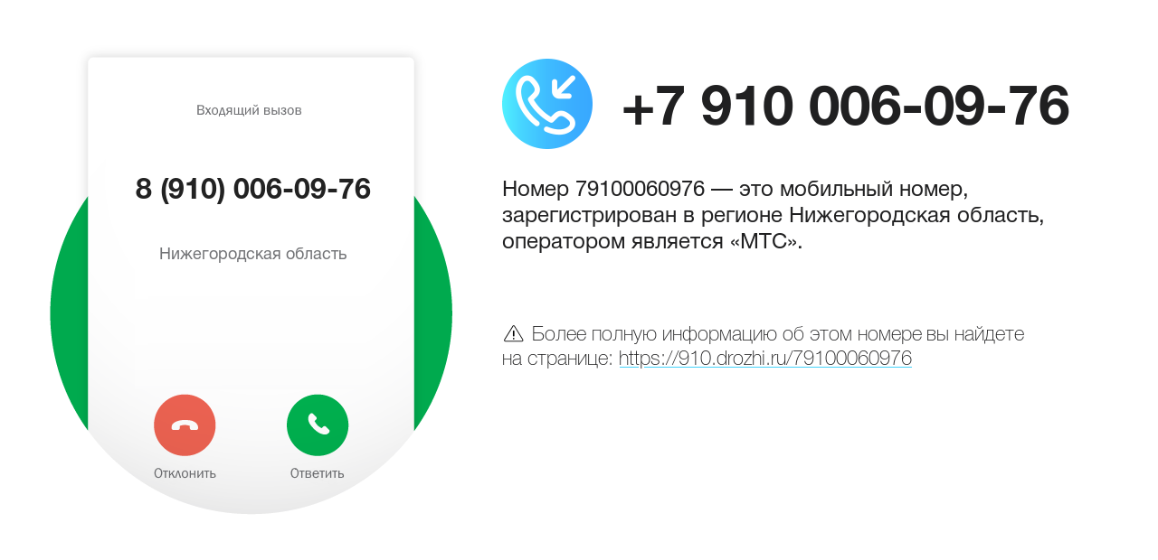 Номер телефона 8 (910) 006-09-76