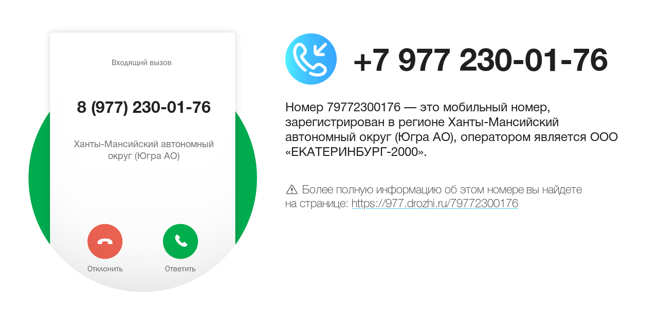 Номер телефона 8 (977) 230-01-76