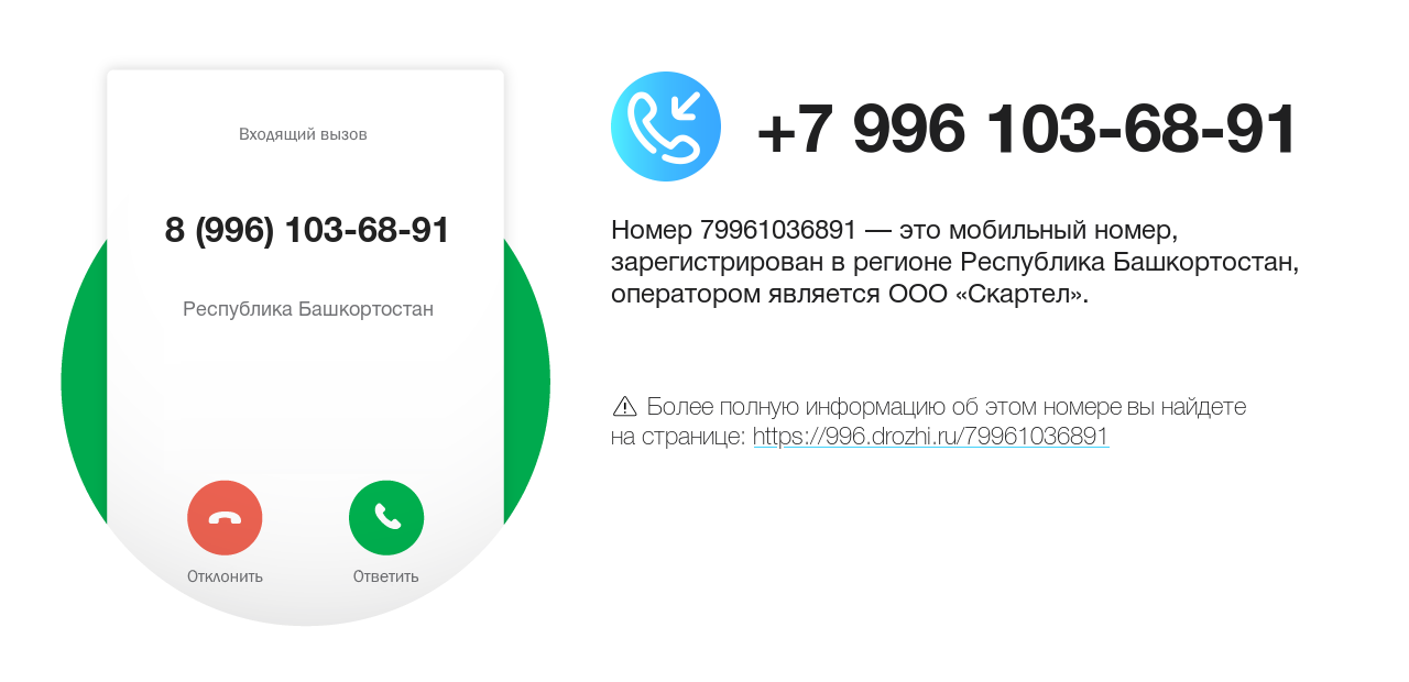 Номер телефона 8 (996) 103-68-91